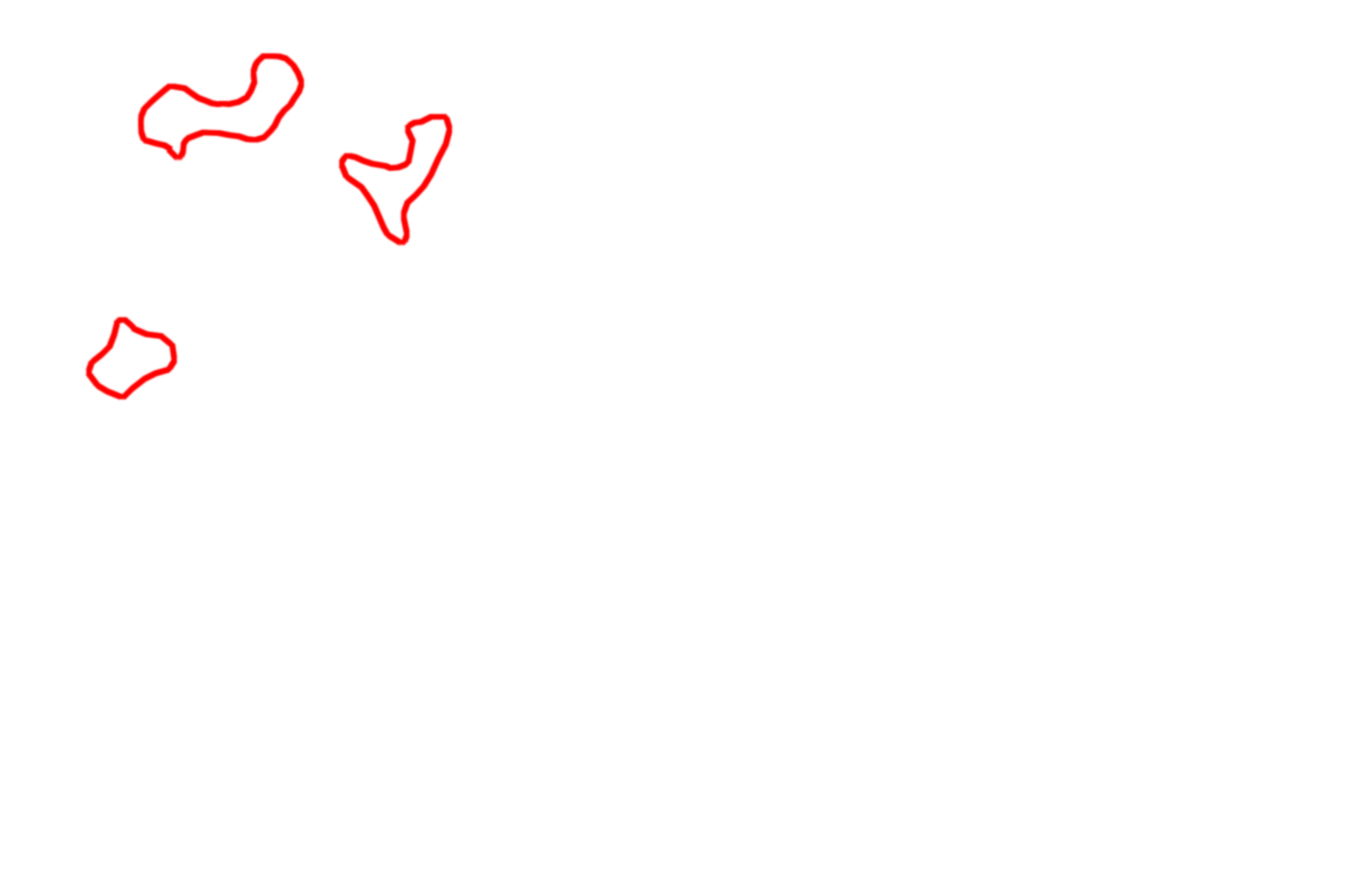 Unmyelinated axons > <p>Unmyelinated axons are generally smaller than myelinated axons.  At this magnification, groups of unmyelinated axons are just barely resolvable as small circular profiles or dots within each red outline.  Each unmyelinated axon is surrounded by Schwann cell cytoplasm and plasma membrane.  Unmyelinated axons conduct more slowly than do myelinated axons.</p>
